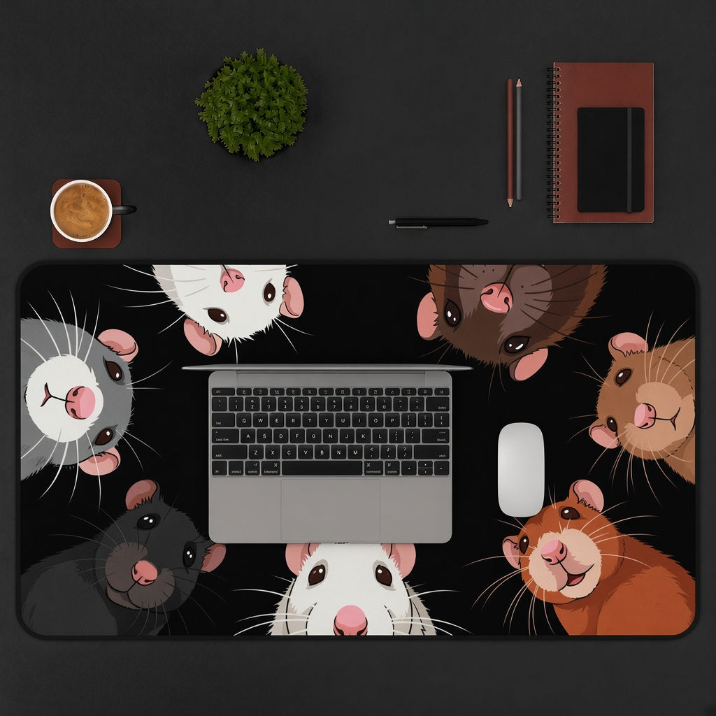 Cute Rats Peeking In on a Black Desk Mat