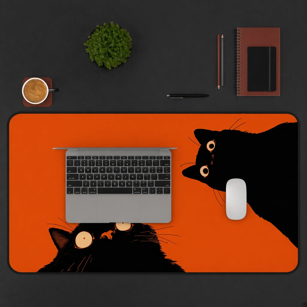 Two Black Cats on a Bright Orange Desk Mat