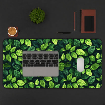 Illustrated Green Leaves on a Dark Desk Mat