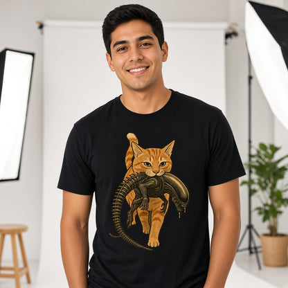 Funny Orange Cat Carrying an Alien Space Monster T-Shirt