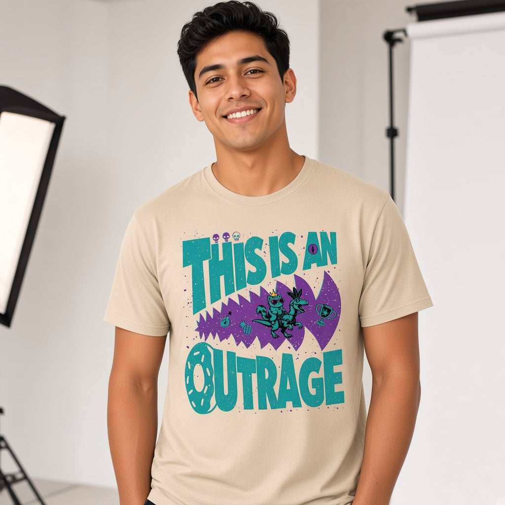 This Is an Outrage Funny Grumpy Cat Riding a T-Rex T-Shirt