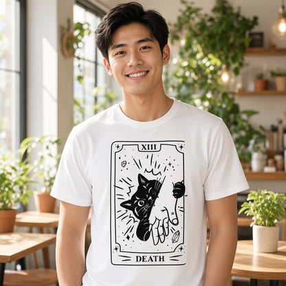 Funny Death Tarot T-Shirt with a Black Cat