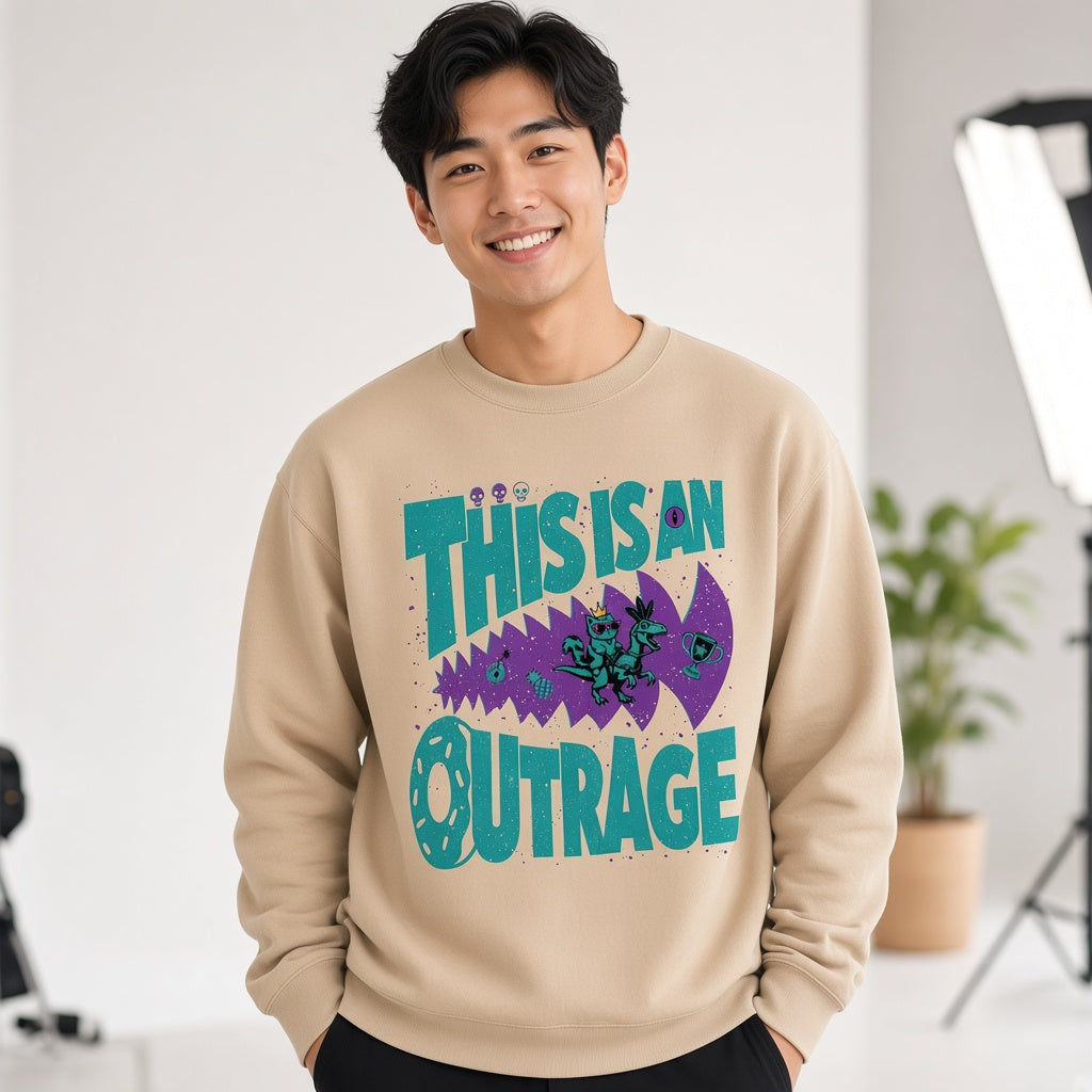 This Is an Outrage Funny Grumpy Cat Riding a T-Rex Sweatshirt