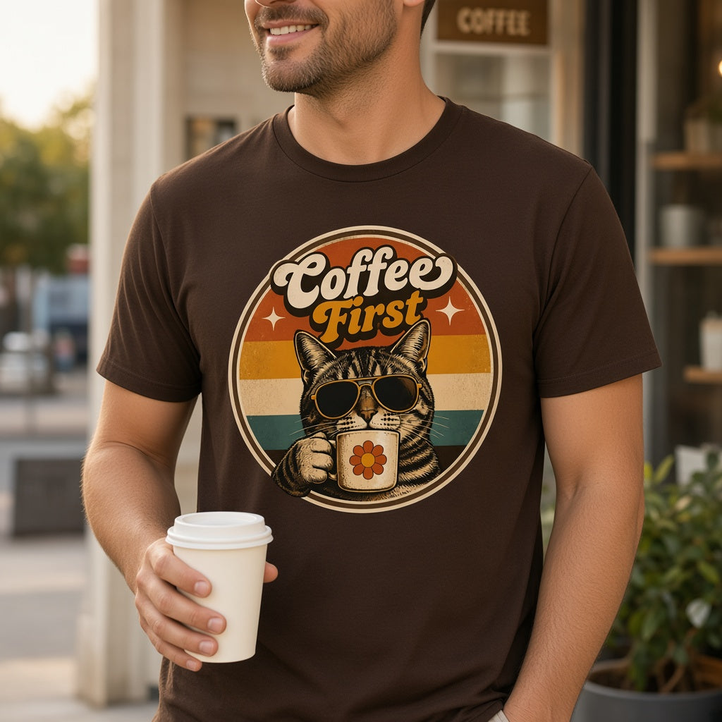 Man wearing a Coffee First Retro Cat T-Shirt outside a cafe