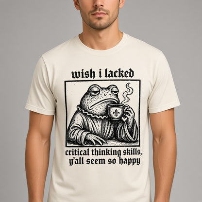 Funny Frog Coffee T-Shirt with a Critical Thinking Joke