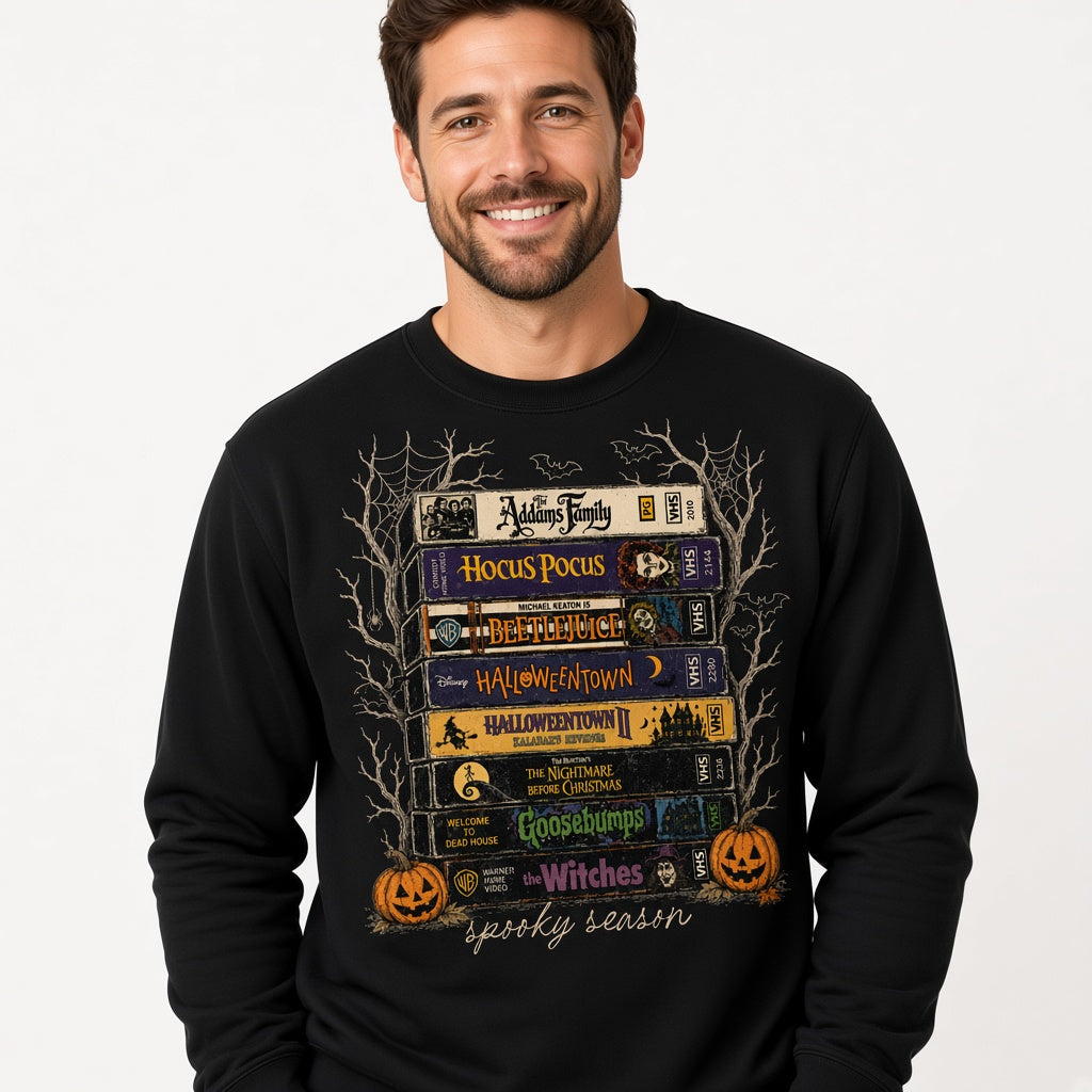 Spooky Season Halloween VHS Movie Stack Sweatshirt