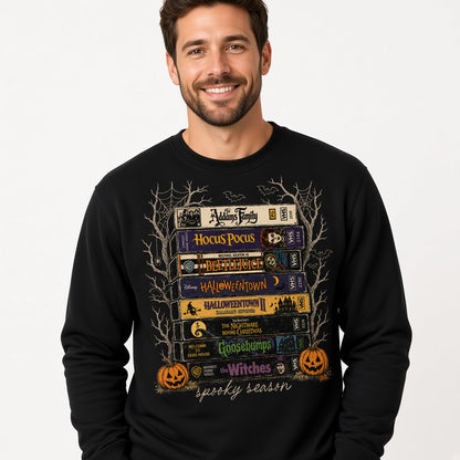 Spooky Season Halloween VHS Movie Stack Sweatshirt