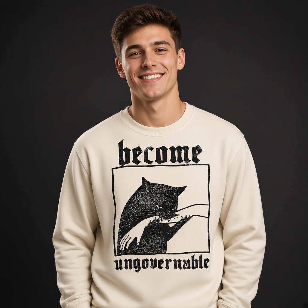 Sweatshirt with a Funny Print Become Ungovernable: Cat Biting a Hand, Vintage Print