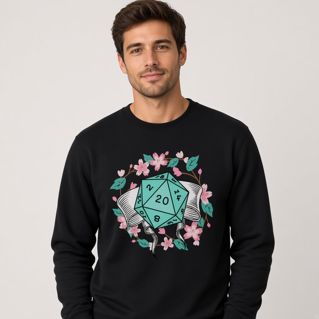 Floral D20 Dice Sweatshirt with Cherry Blossoms for RPG