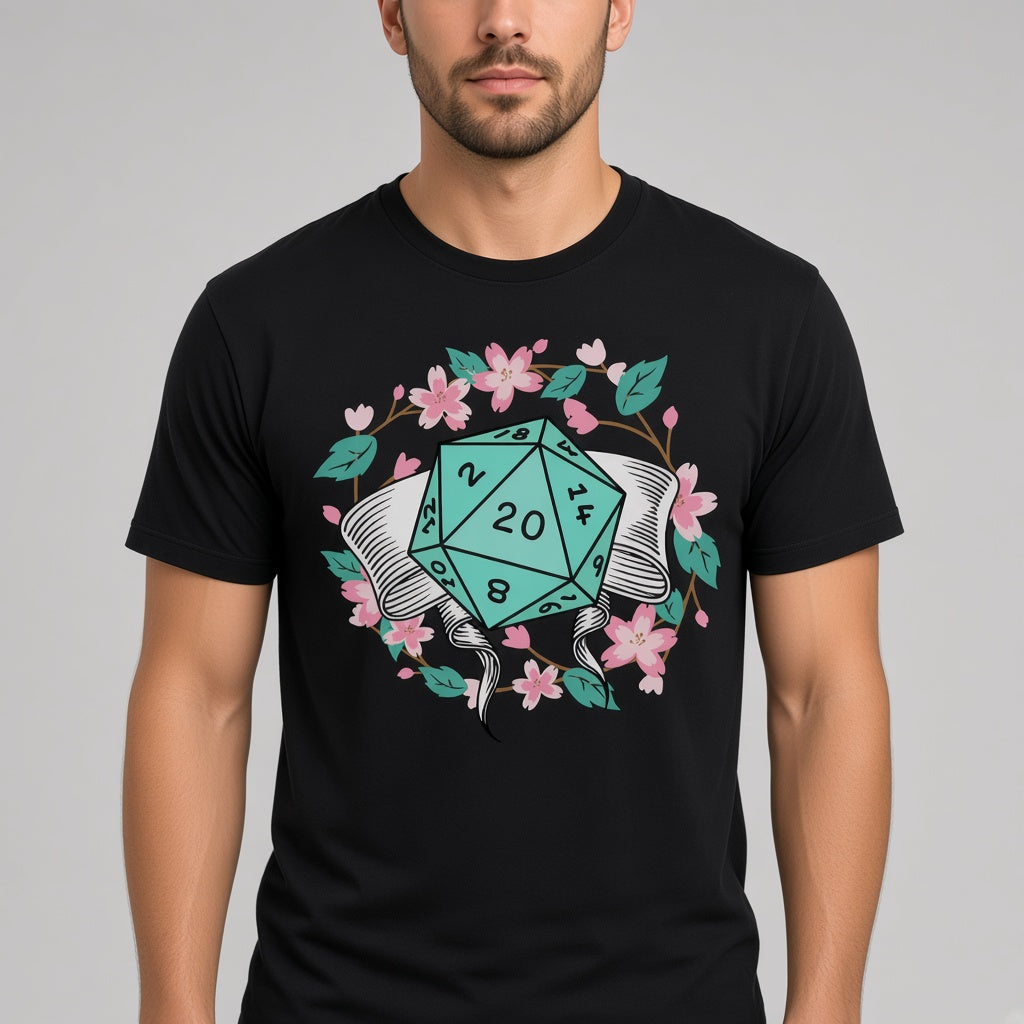 Floral D20 Dice T-Shirt with Cherry Blossoms for RPG