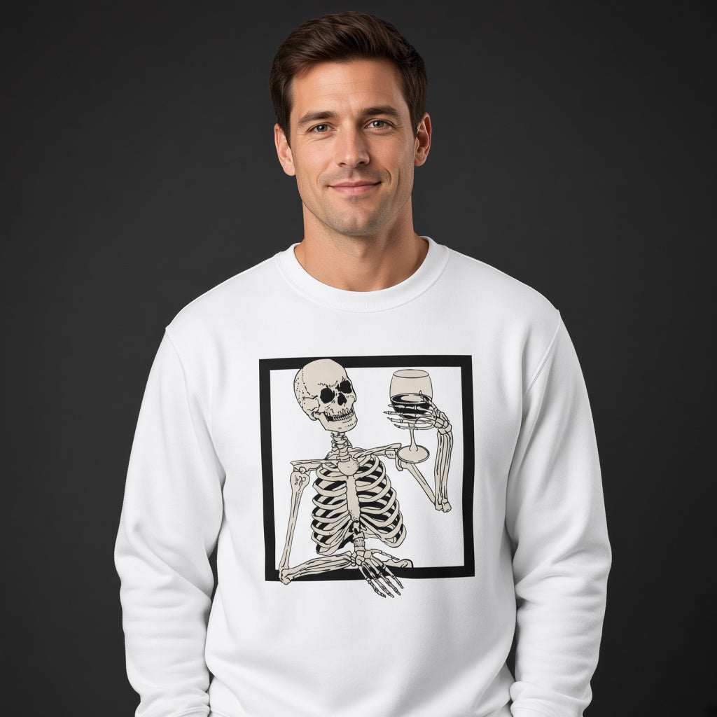 Skull with a glass in a square sweatshirt, funny sweatshirt, graphic shirts, unisex tshirt, printed sweatshirt