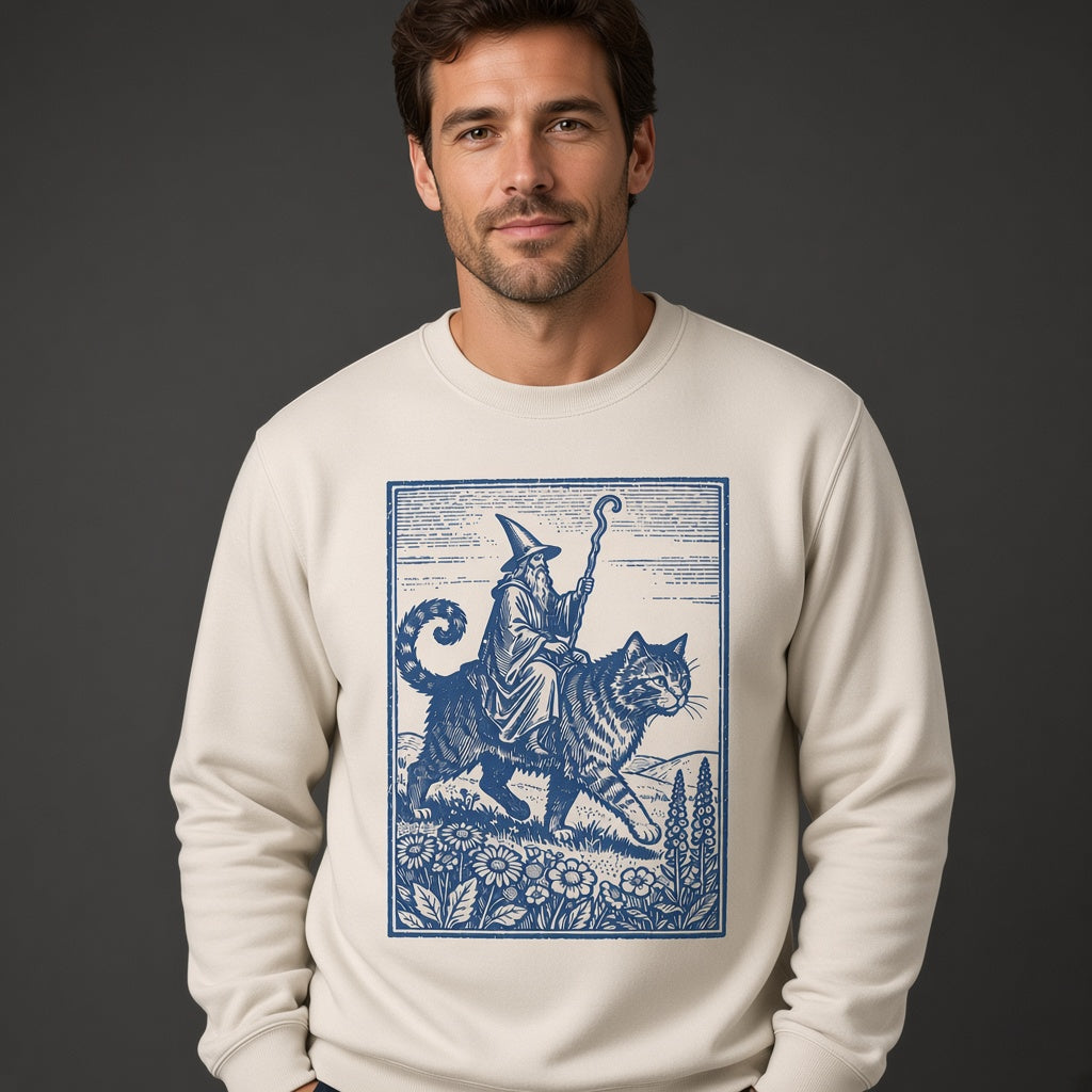 Wizard Cat Rider Retro Fantasy Graphic Print Sweatshirt