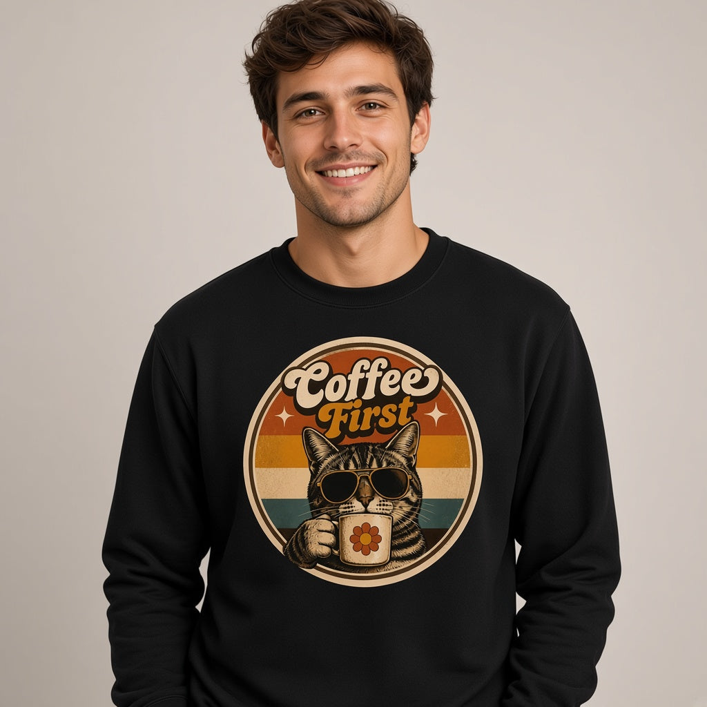 Coffee First Retro Cat Sweatshirt for Coffee Lovers
