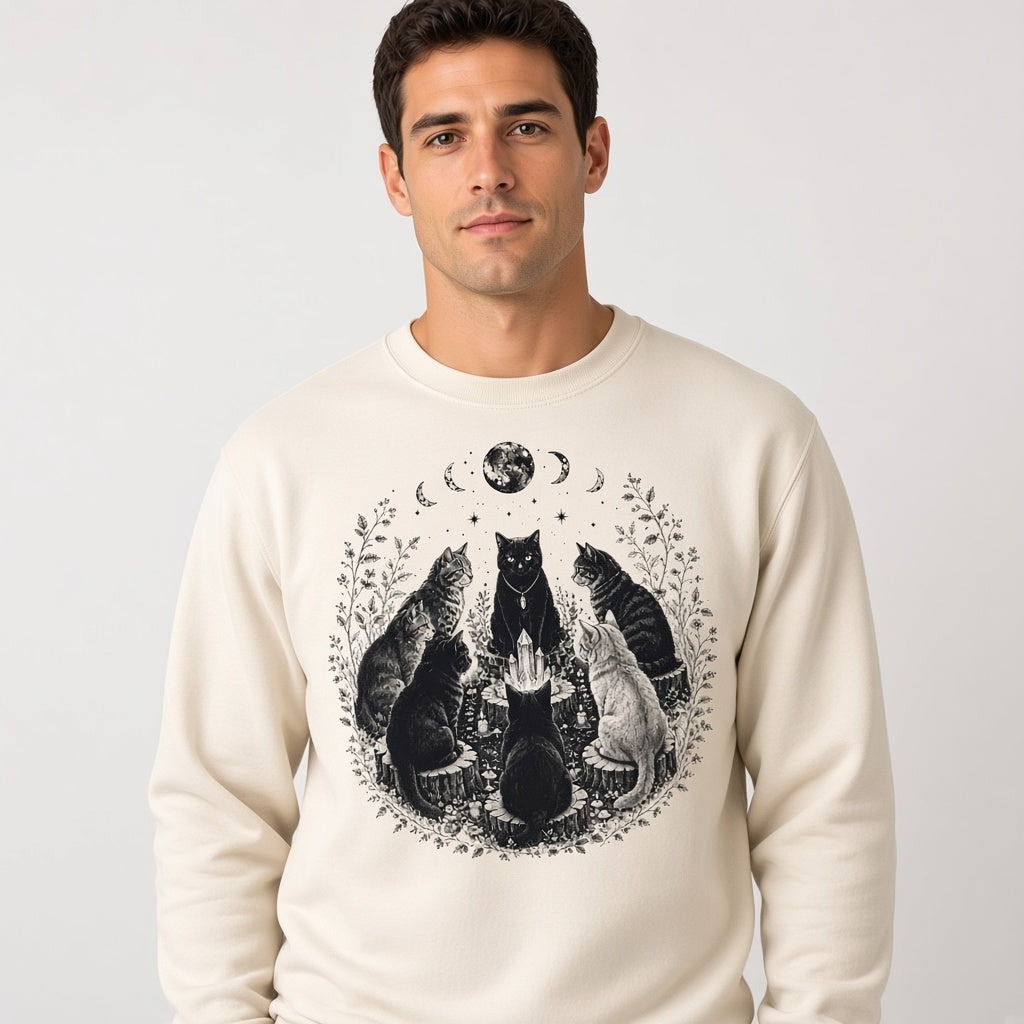 Mystical Black Cat Sabbath Sweatshirt with Moon Phases
