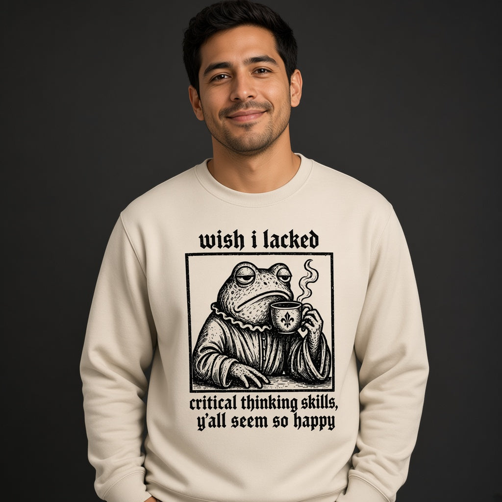 Funny Frog Coffee Sweatshirt with a Critical Thinking Joke