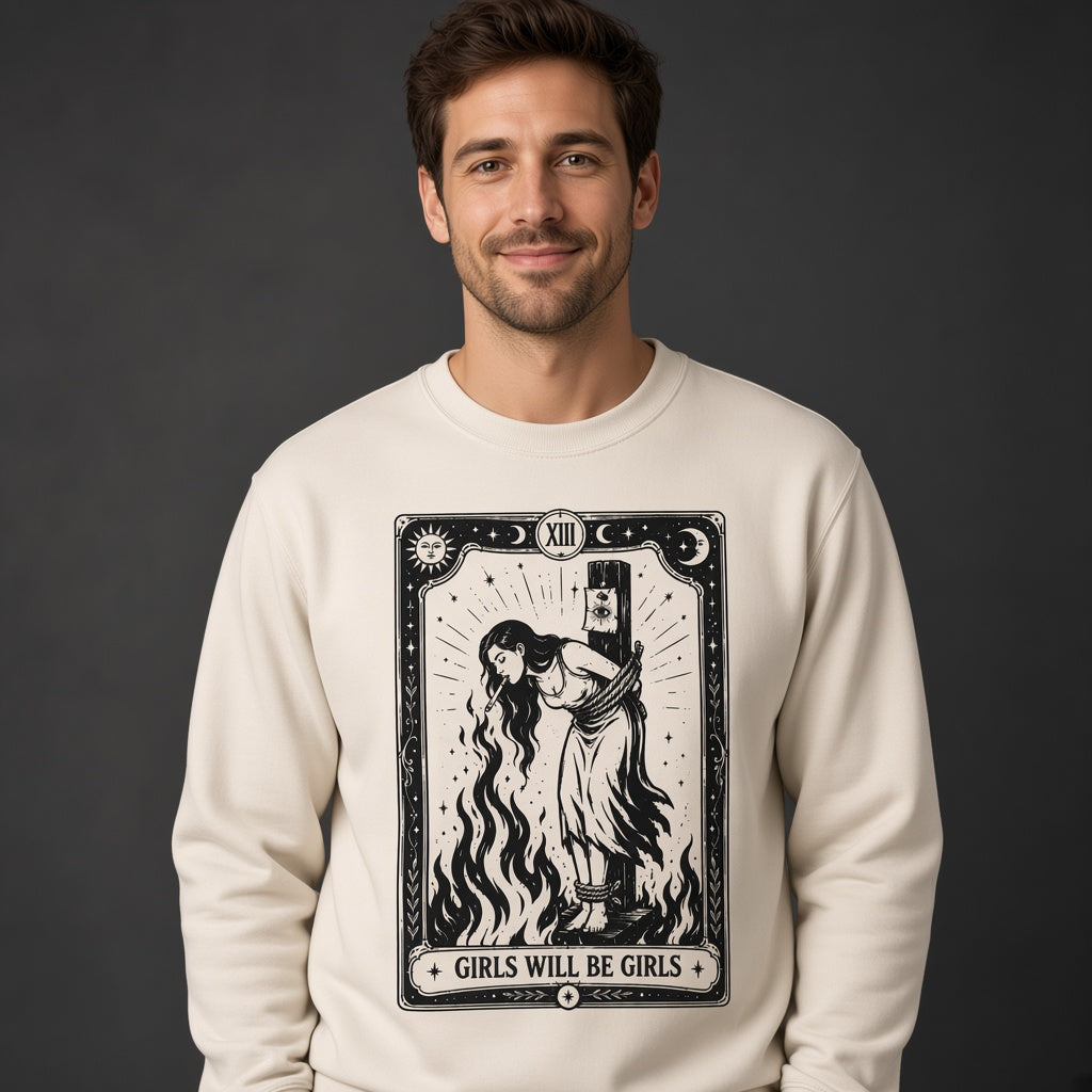 Girls Will Be Girls Witch With Cigarette Feminist Halloween Women's Rights Sweatshirt