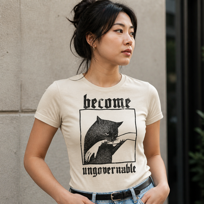 T-Shirt with a Funny Print Become Ungovernable: Cat Biting a Hand, Vintage Print