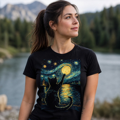 Starry Night with a Cat: Vincent van Gogh Style T-Shirt