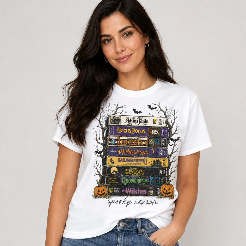 Spooky Season Halloween VHS Movie Stack T-Shirt