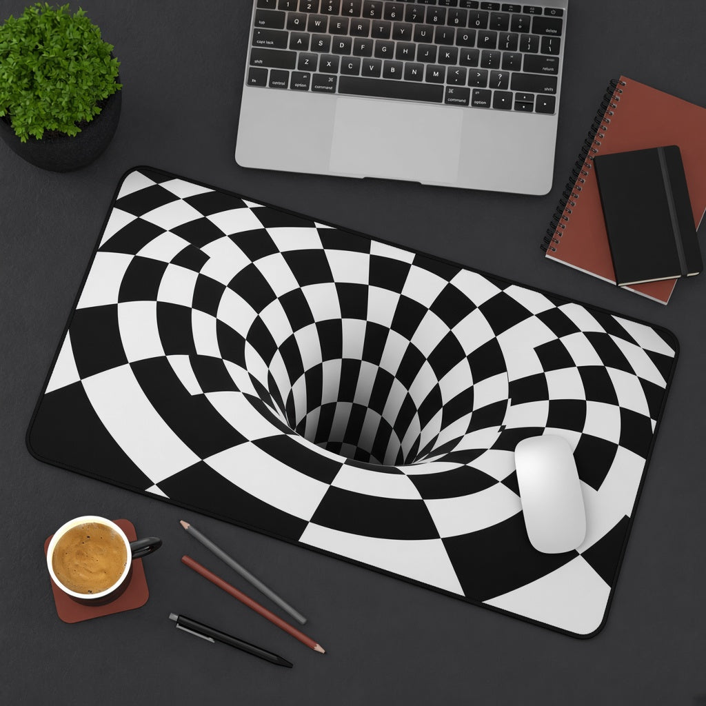 Black and White Checkerboard Tunnel Illusion Desk Mat