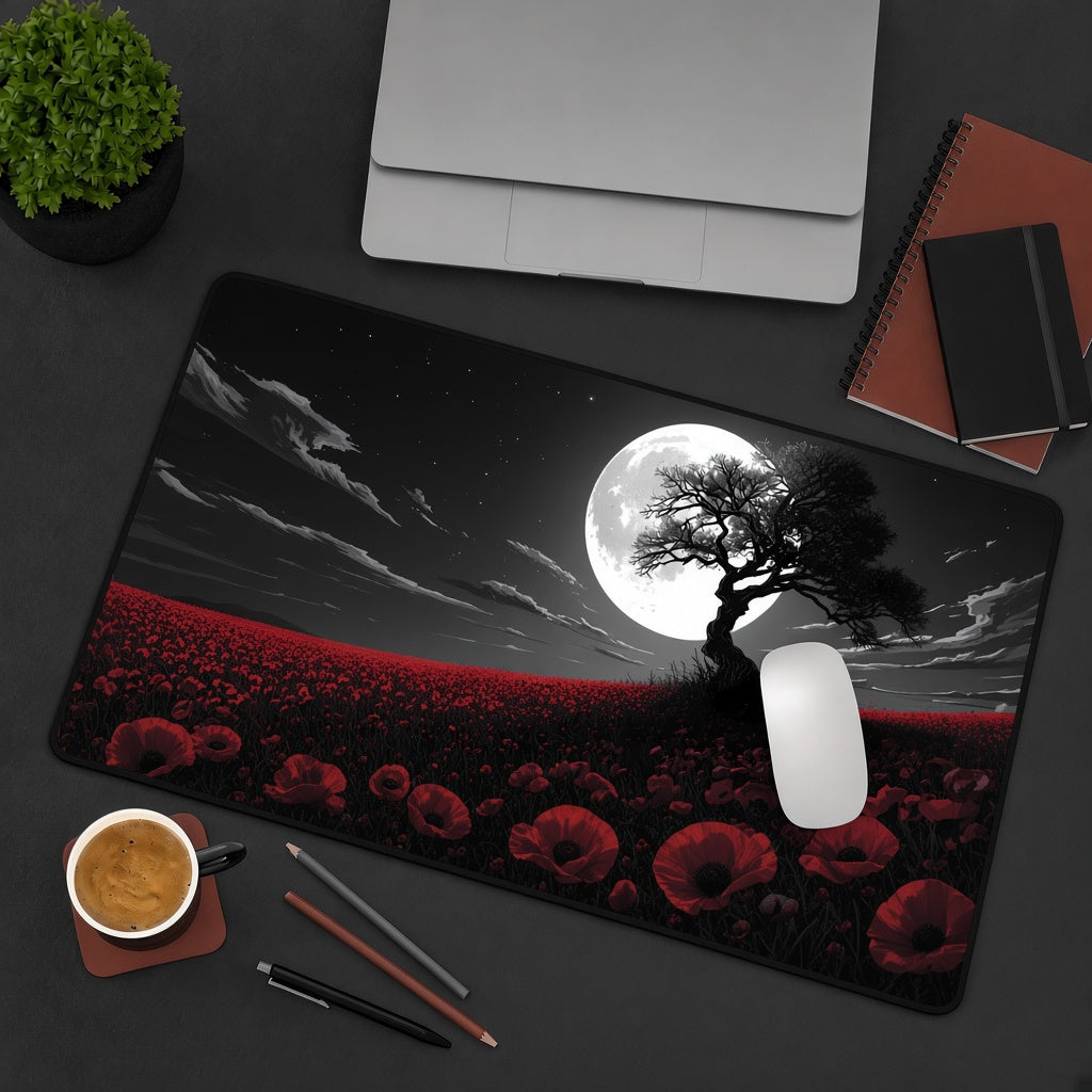 Lone Tree and Red Flowers under a Full Moon Desk Mat