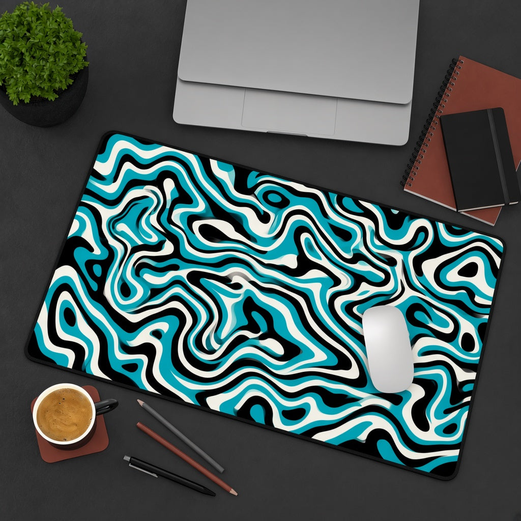 Teal Black and Cream Liquid Wave Abstract Desk Mat
