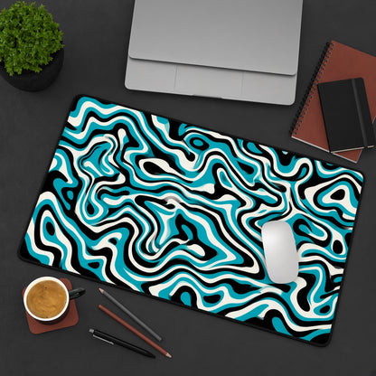 Teal Black and Cream Liquid Wave Abstract Desk Mat