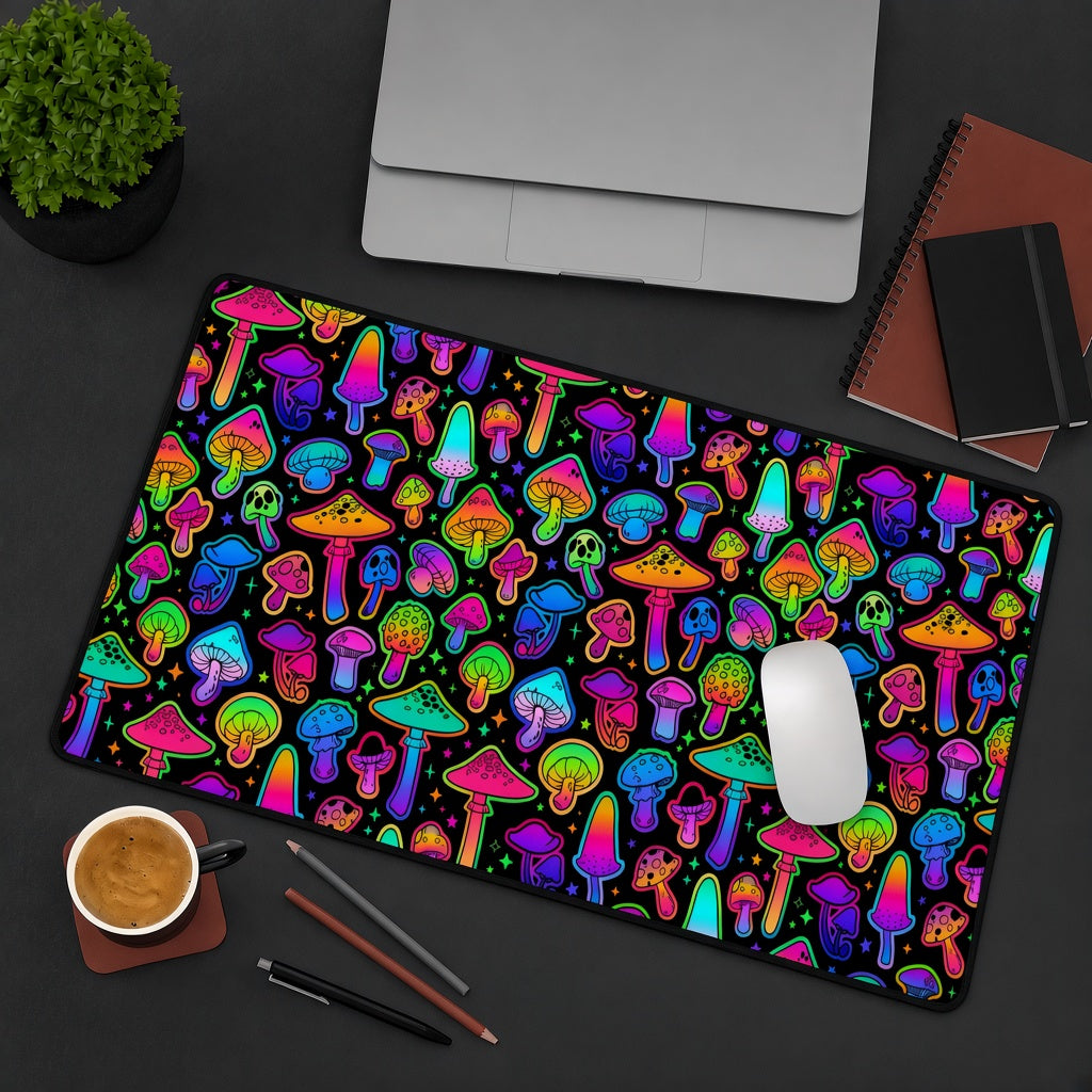 Colorful Neon Rainbow Mushroom Pattern Desk Mat