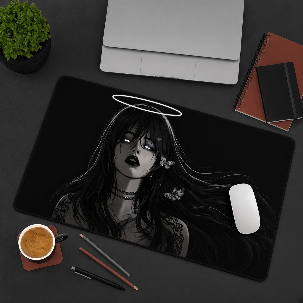 Gothic Anime Girl with a White Halo Desk Mat