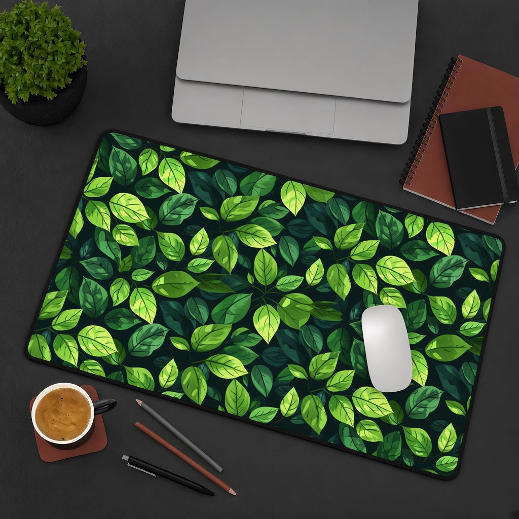 Illustrated Green Leaves on a Dark Desk Mat