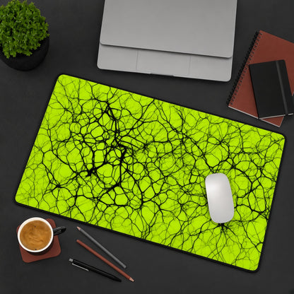Neon Yellow and Black Neural Web Abstract Desk Mat