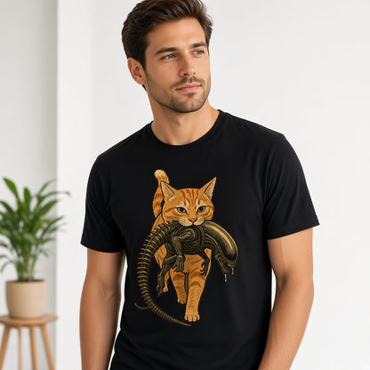 Funny Orange Cat Carrying an Alien Space Monster T-Shirt