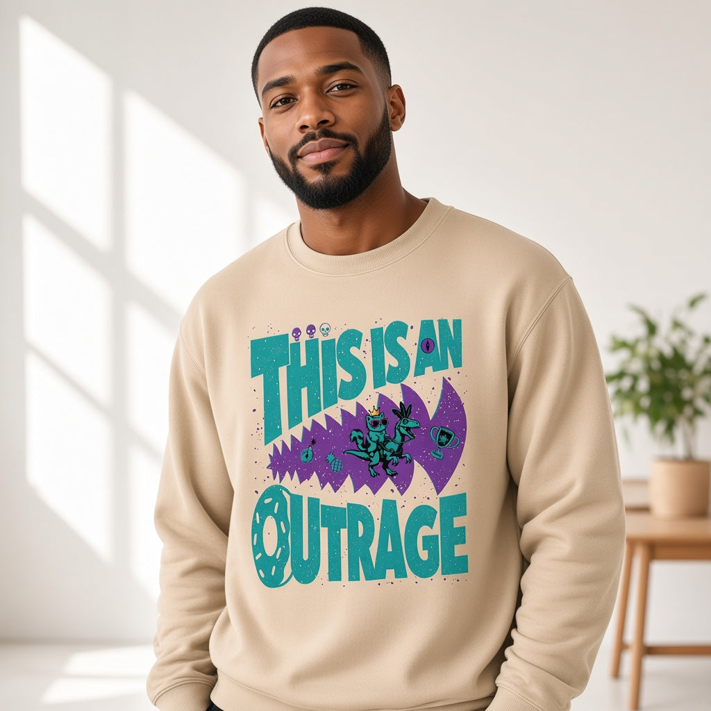 This Is an Outrage Funny Grumpy Cat Riding a T-Rex Sweatshirt
