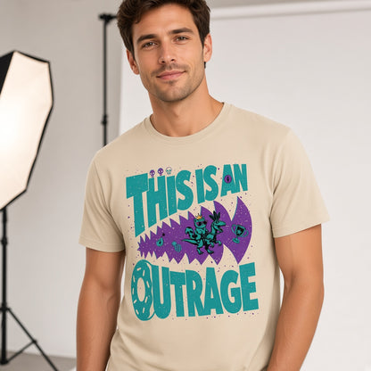 This Is an Outrage Funny Grumpy Cat Riding a T-Rex T-Shirt