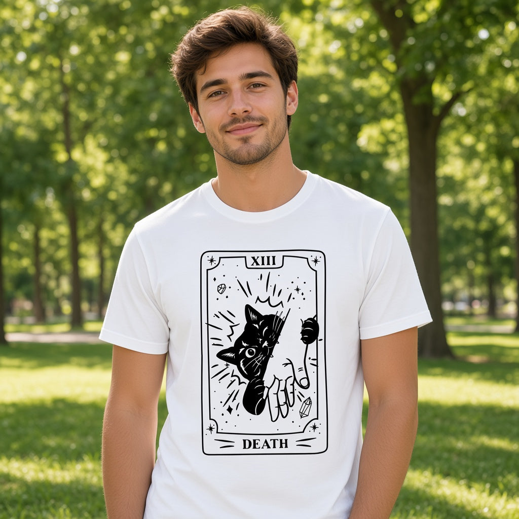 Funny Death Tarot T-Shirt with a Black Cat