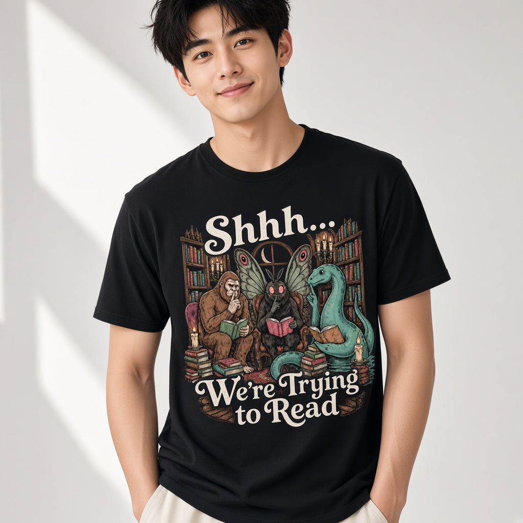 Shhh We're Trying to Read Funny Cryptid Book Lovers T-Shirt