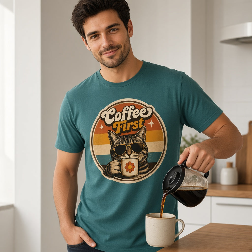 Man wearing a teal Coffee First Retro Cat T-Shirt at home