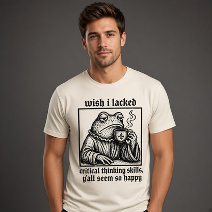 Funny Frog Coffee T-Shirt with a Critical Thinking Joke