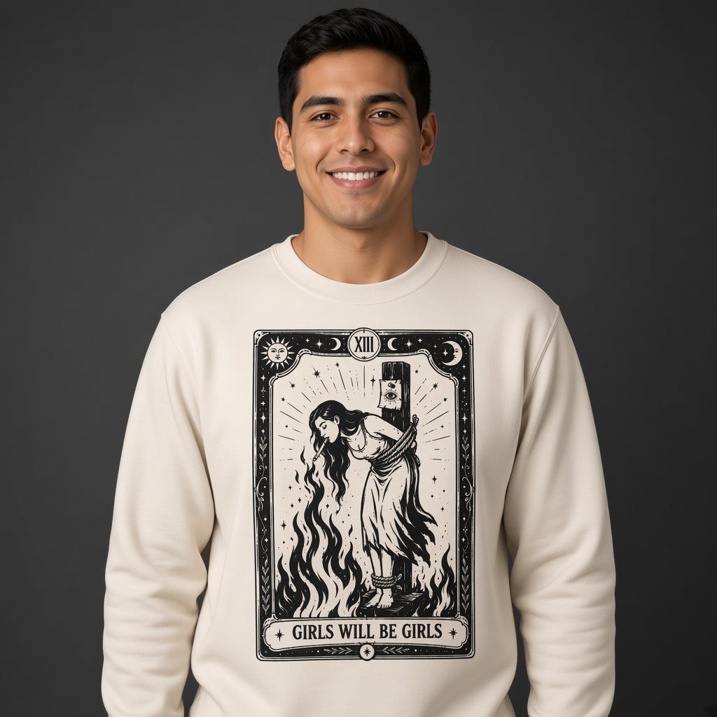 Girls Will Be Girls Witch With Cigarette Feminist Halloween Women's Rights Sweatshirt