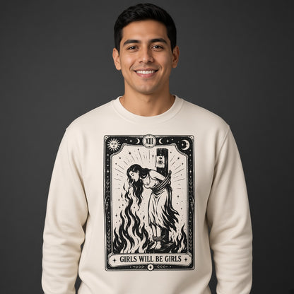 Girls Will Be Girls Witch With Cigarette Feminist Halloween Women's Rights Sweatshirt