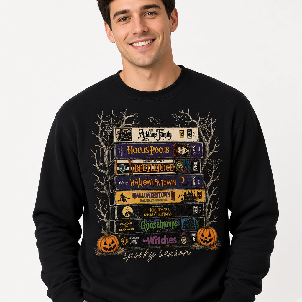 Spooky Season Halloween VHS Movie Stack Sweatshirt