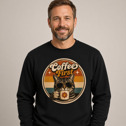 Coffee First Retro Cat Sweatshirt for Coffee Lovers