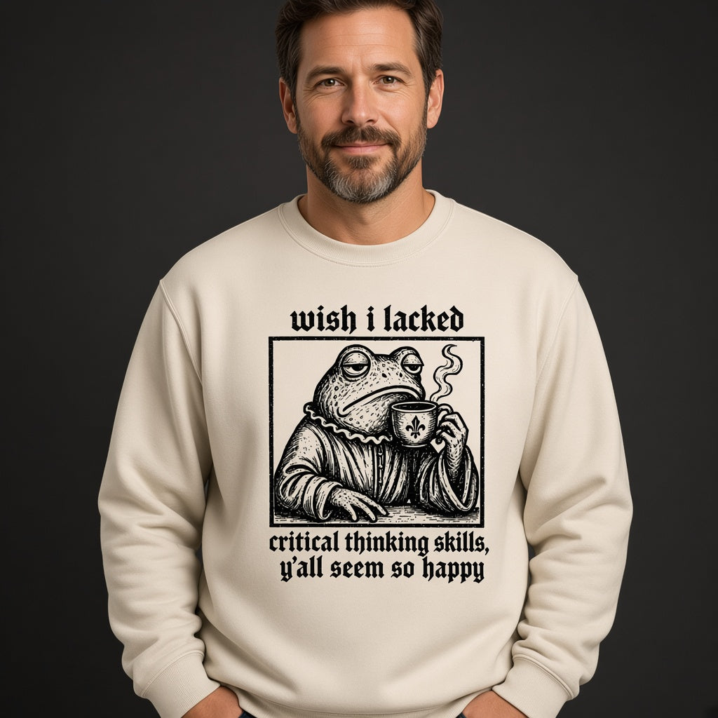 Funny Frog Coffee Sweatshirt with a Critical Thinking Joke