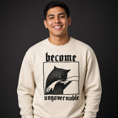 Sweatshirt with a Funny Print Become Ungovernable: Cat Biting a Hand, Vintage Print