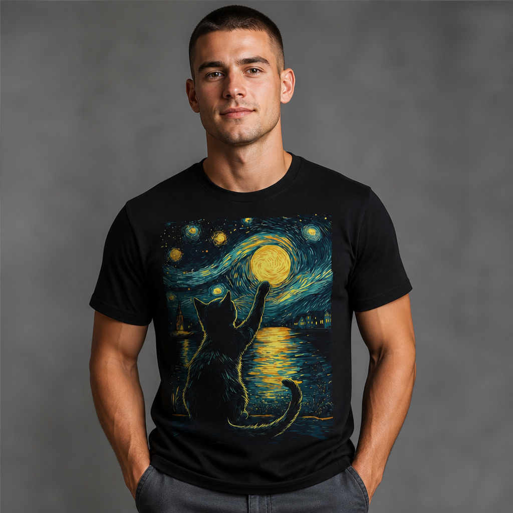 Starry Night with a Cat: Vincent van Gogh Style T-Shirt