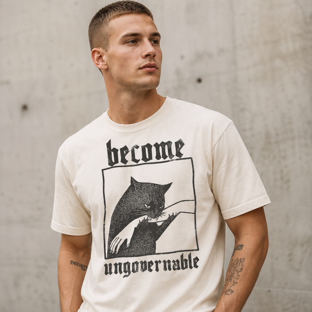 T-Shirt with a Funny Print Become Ungovernable: Cat Biting a Hand, Vintage Print