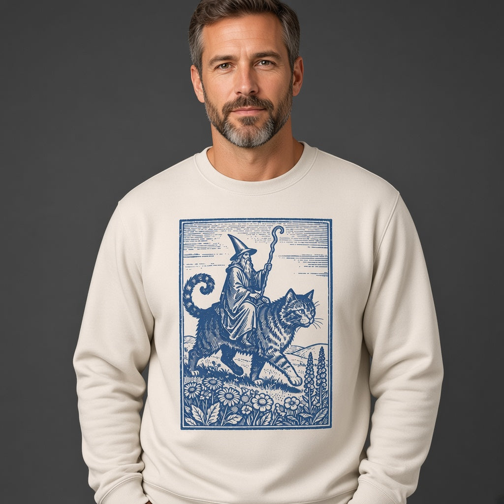 Wizard Cat Rider Retro Fantasy Graphic Print Sweatshirt