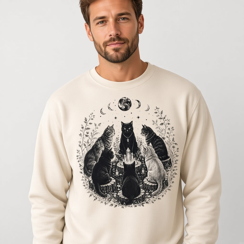 Mystical Black Cat Sabbath Sweatshirt with Moon Phases