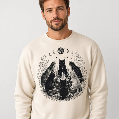 Mystical Black Cat Sabbath Sweatshirt with Moon Phases