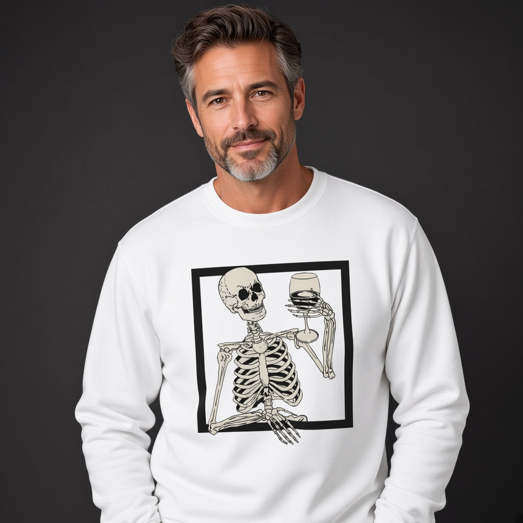 Skull with a glass in a square sweatshirt, funny sweatshirt, graphic shirts, unisex tshirt, printed sweatshirt